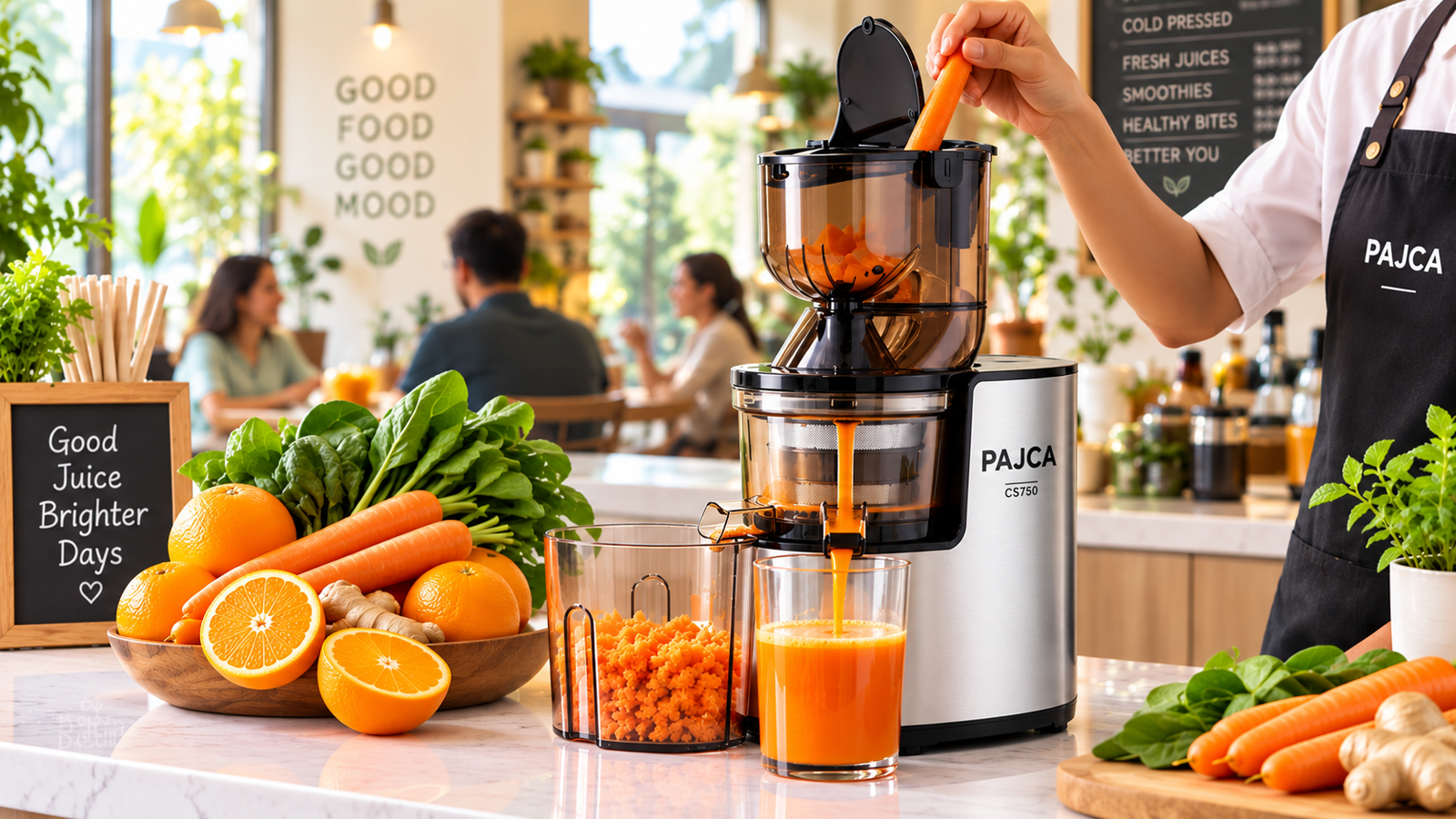 A barista feeding a carrot into the Pajca CS750 at a café counter